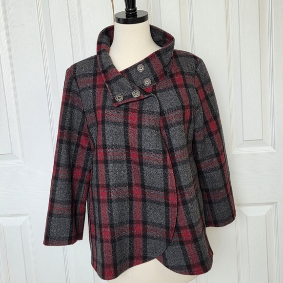 MAVI WOOL PLAID SNAPS HIGH COLLAR PEA COAT MEDIUM - Picture 2 of 10